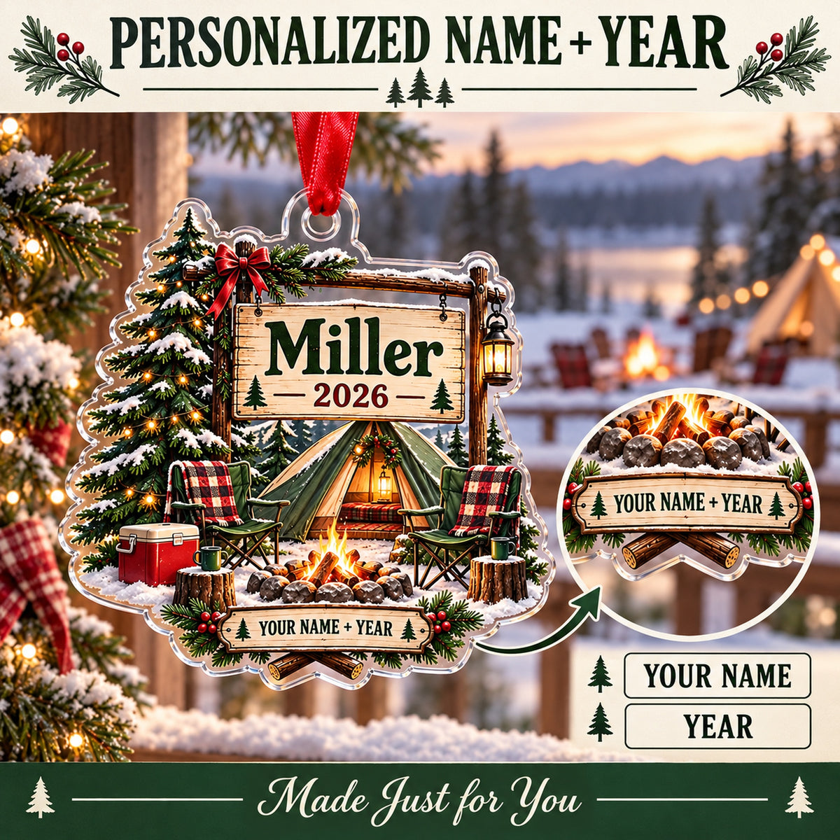 Personalized Family Campsite Sign Acrylic Ornament — Personalization guide