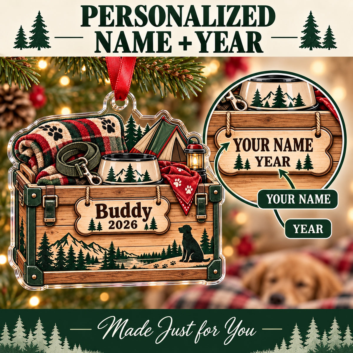 Personalized Camping Dog Gear Bin Acrylic Ornament — Personalization guide