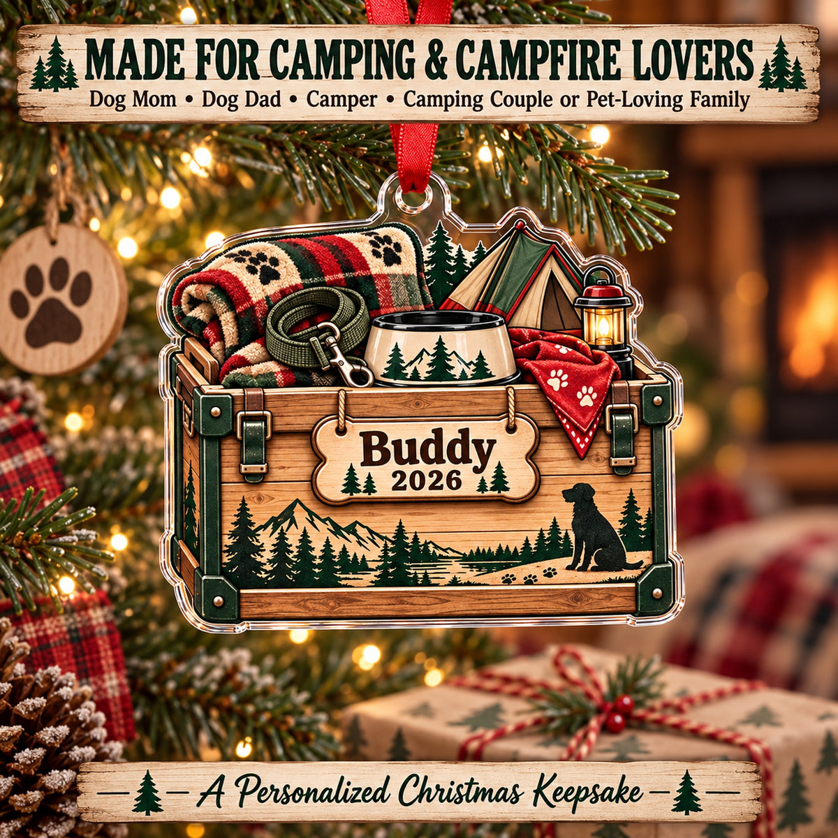 Personalized Camping Dog Gear Bin Acrylic Ornament — Size guide