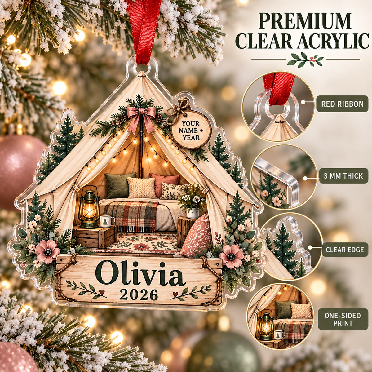 Personalized Glamping Canvas Tent Acrylic Ornament — Flat acrylic material
