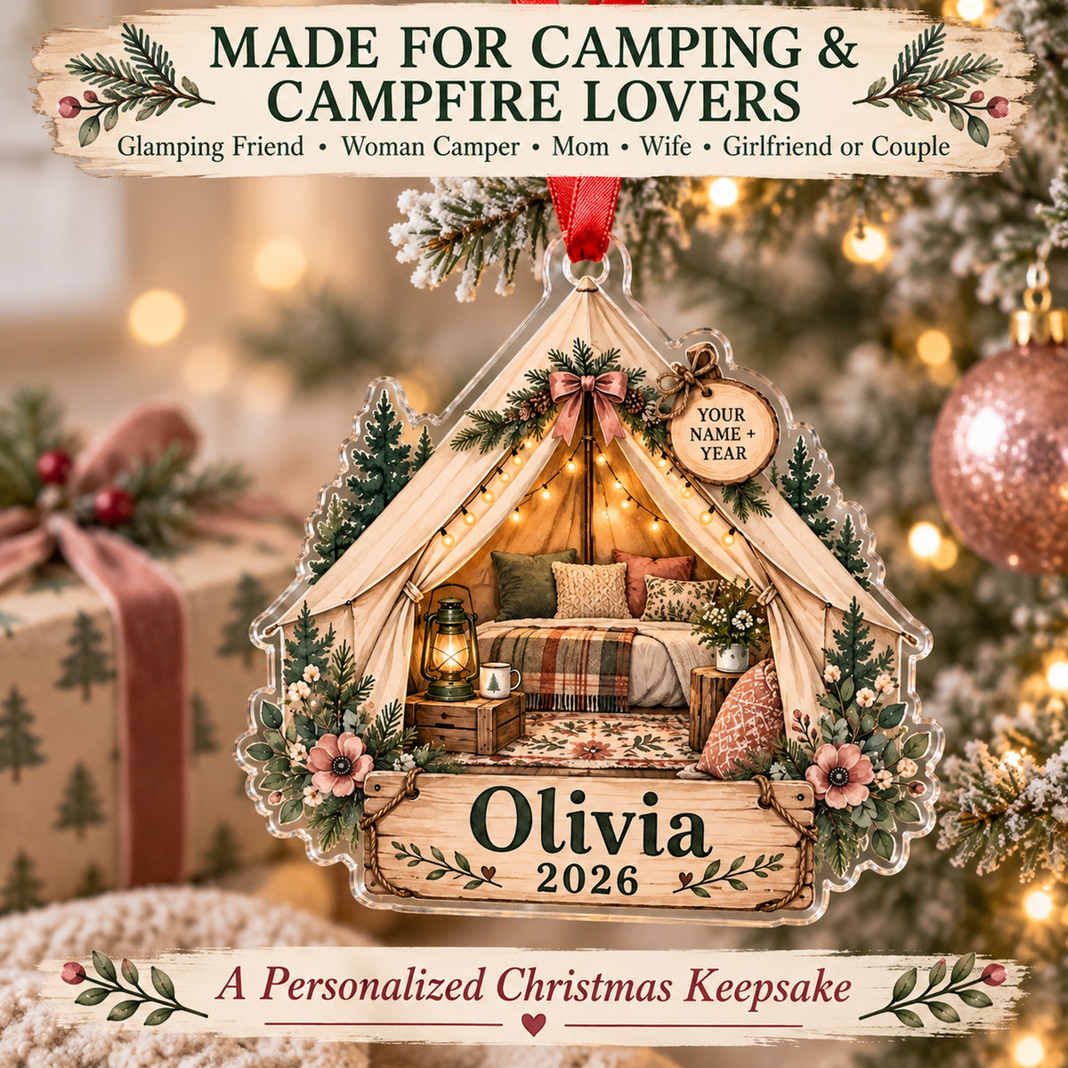 Personalized Glamping Canvas Tent Acrylic Ornament — Size guide