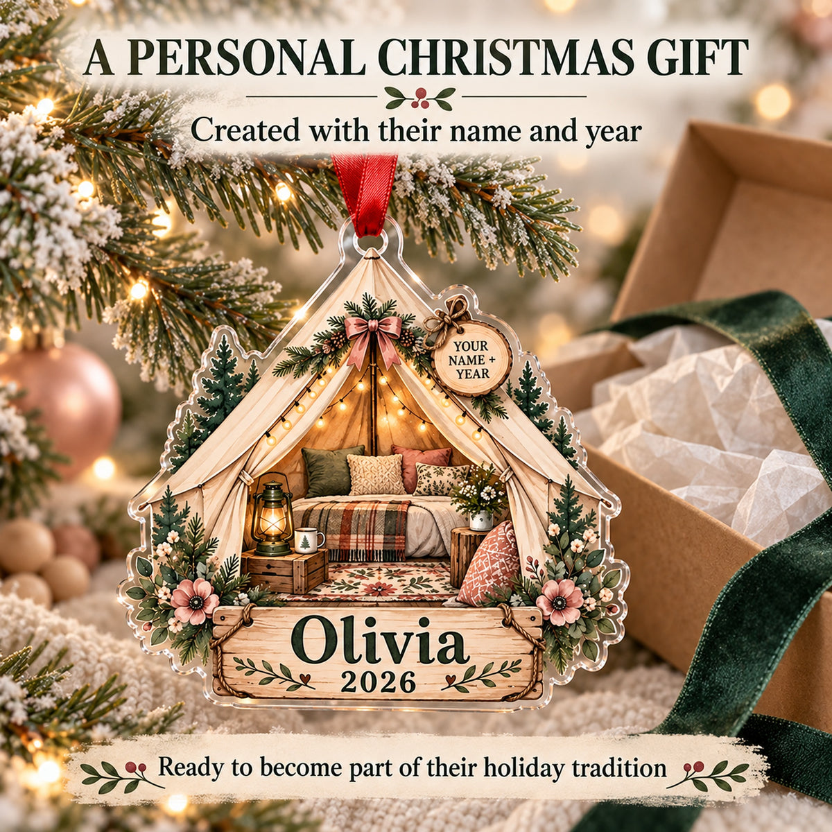 Personalized Glamping Canvas Tent Acrylic Ornament — Gift inspiration