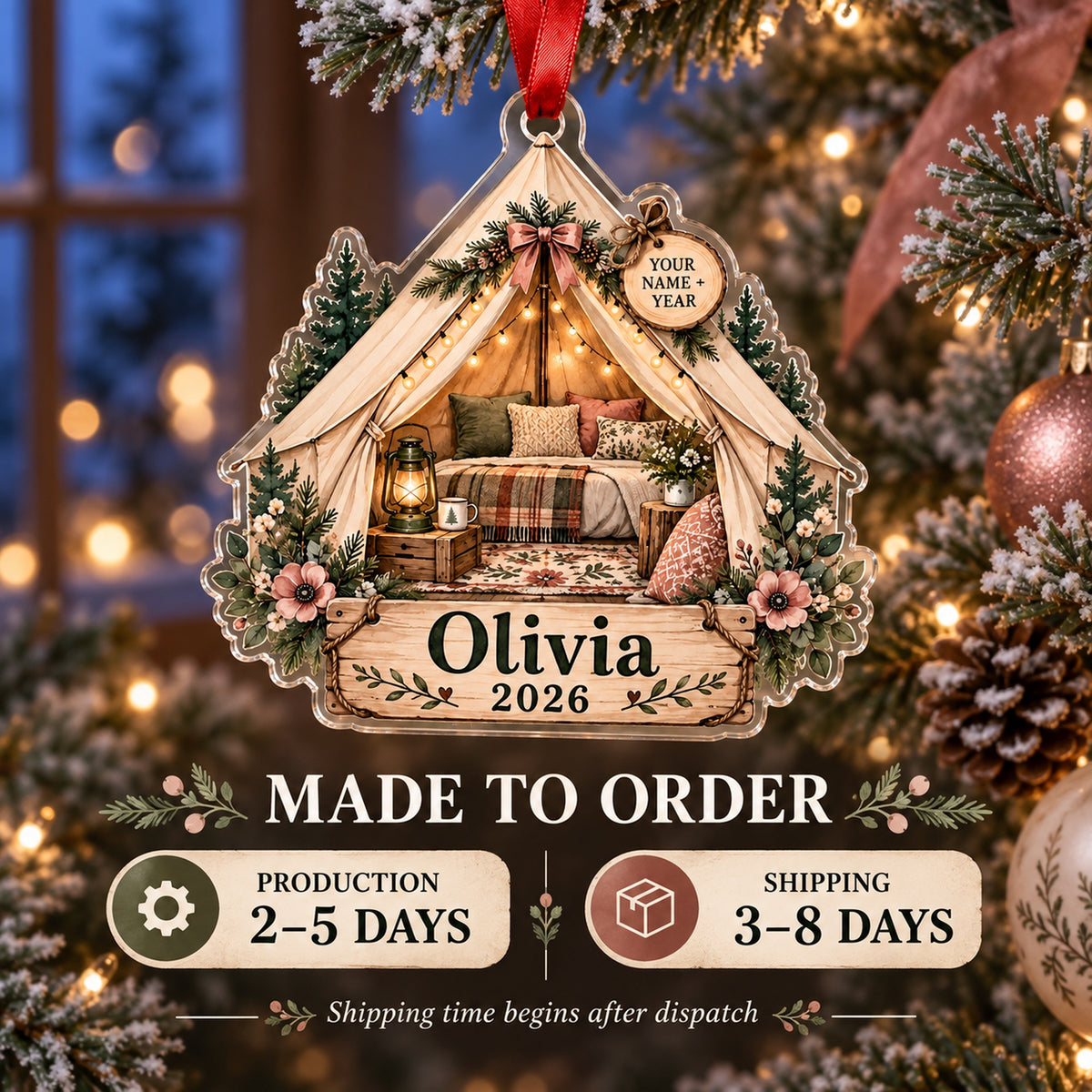 Personalized Glamping Canvas Tent Acrylic Ornament — Production and delivery