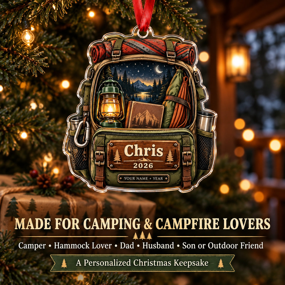 Personalized Hammock and Lantern Pack Acrylic Ornament — Size guide