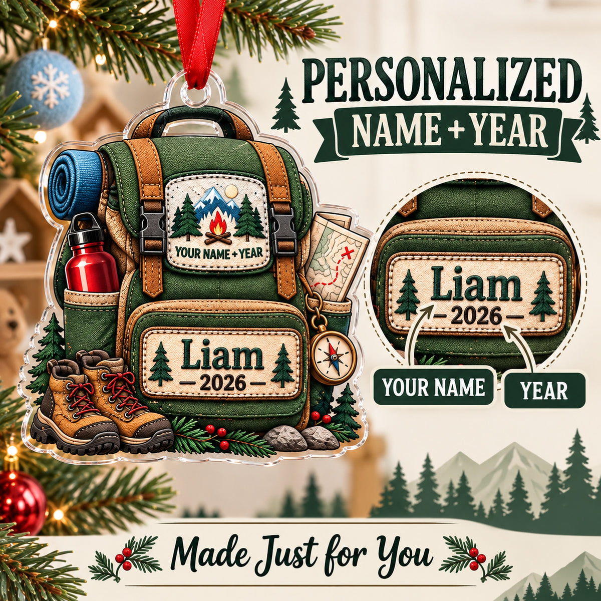 Personalized First Camping Trip Backpack Acrylic Ornament — Personalization guide