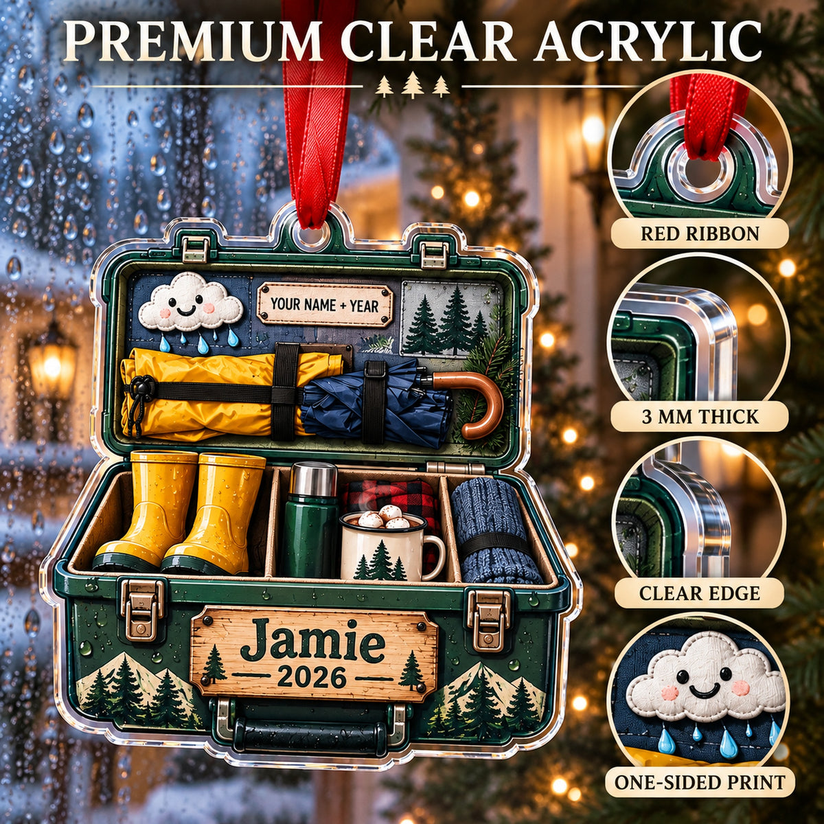 Personalized Rainy Camp Survival Kit Acrylic Ornament — Flat acrylic material