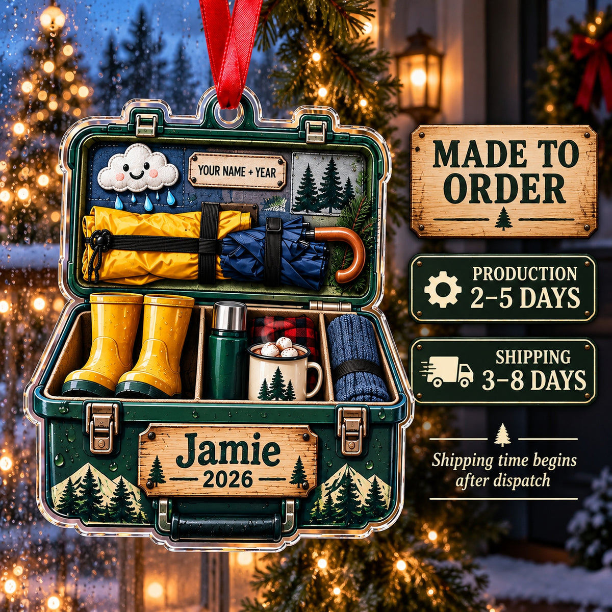 Personalized Rainy Camp Survival Kit Acrylic Ornament — Production and delivery