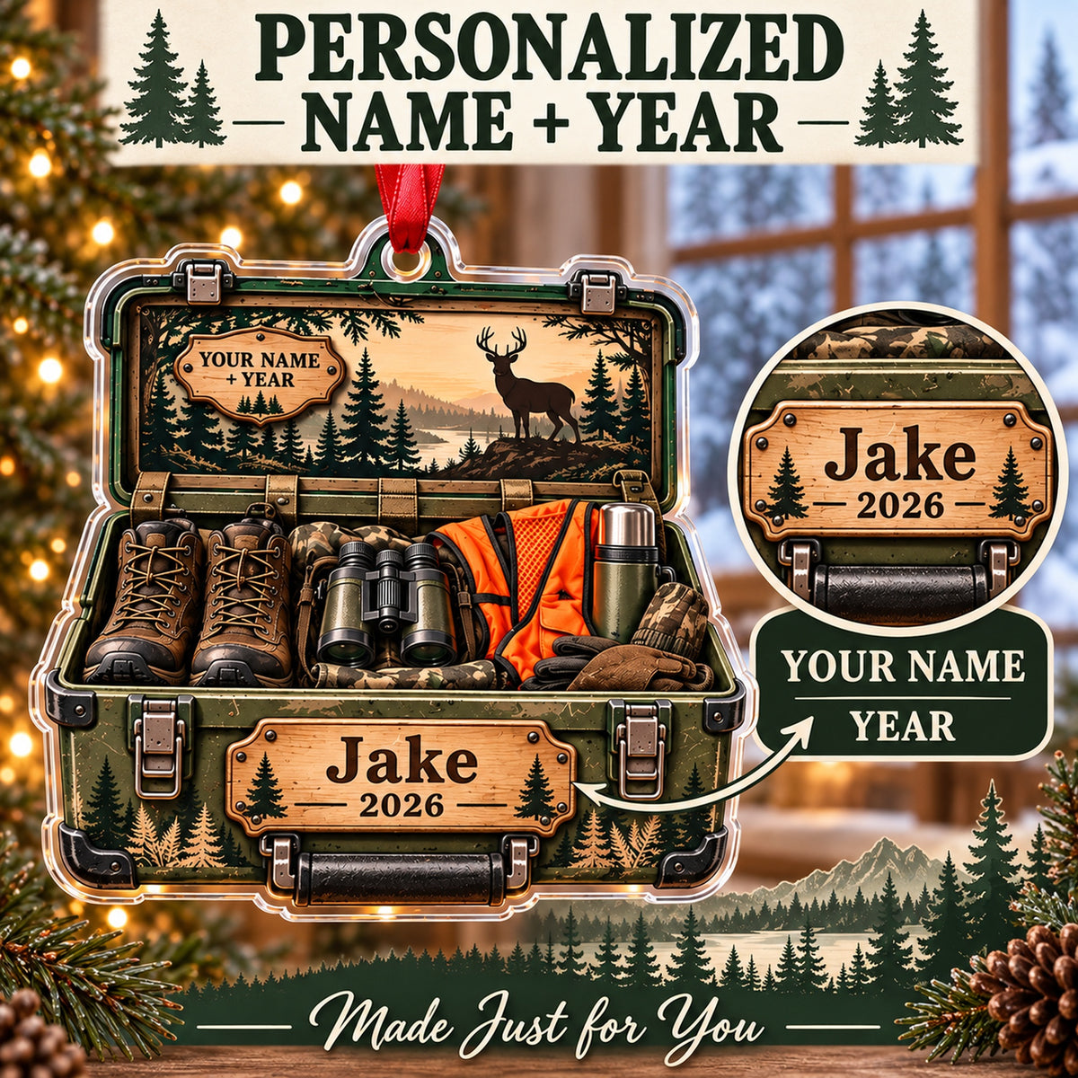 Personalized Deer Camp Gear Trunk Acrylic Ornament — Personalization guide