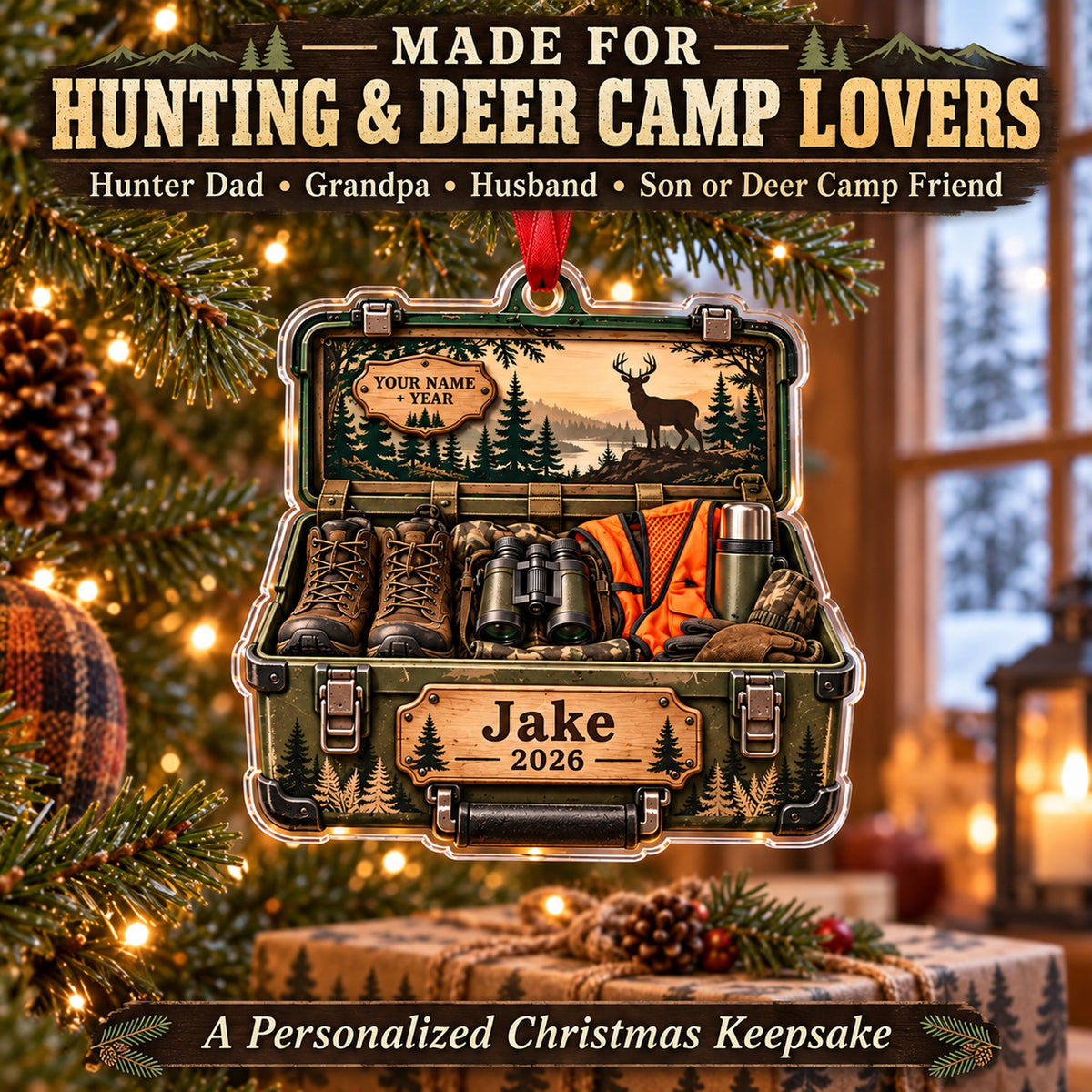 Personalized Deer Camp Gear Trunk Acrylic Ornament — Size guide