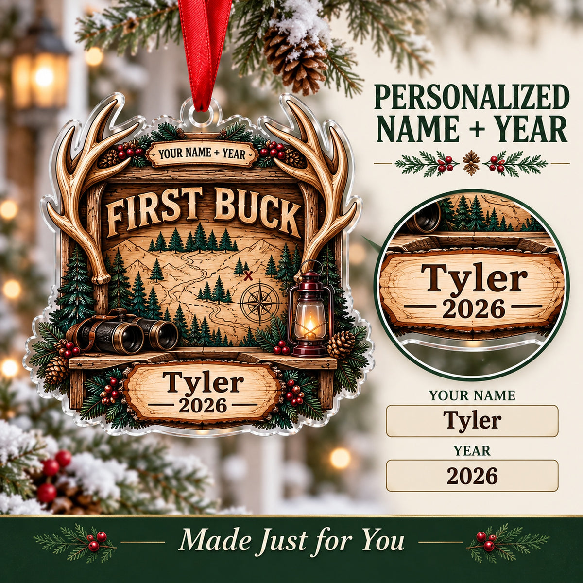 Personalized First Buck Milestone Plaque Acrylic Ornament — Personalization guide