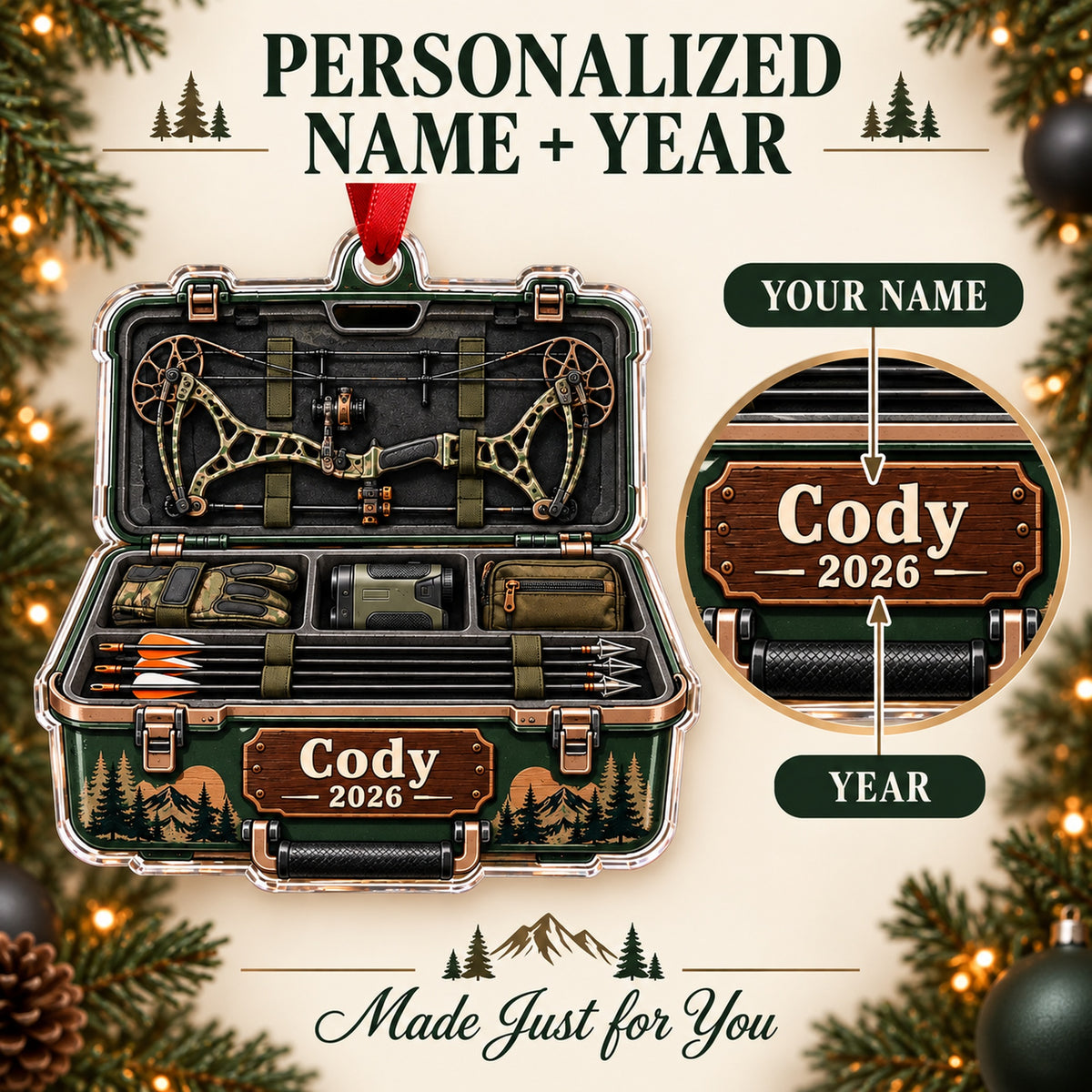 Personalized Bow Hunter Hard Case Acrylic Ornament — Personalization guide