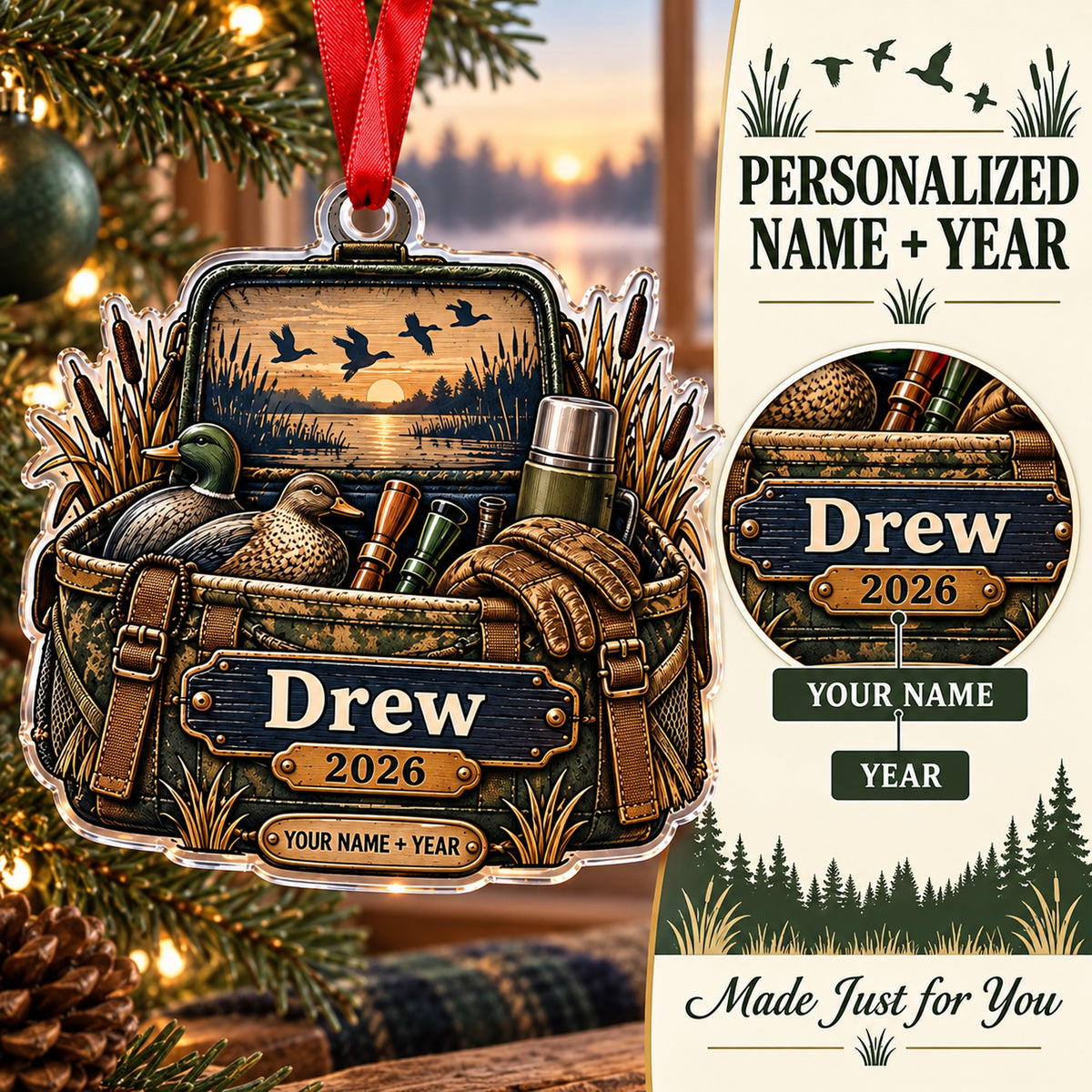 Personalized Duck Camp Blind Bag Acrylic Ornament — Personalization guide