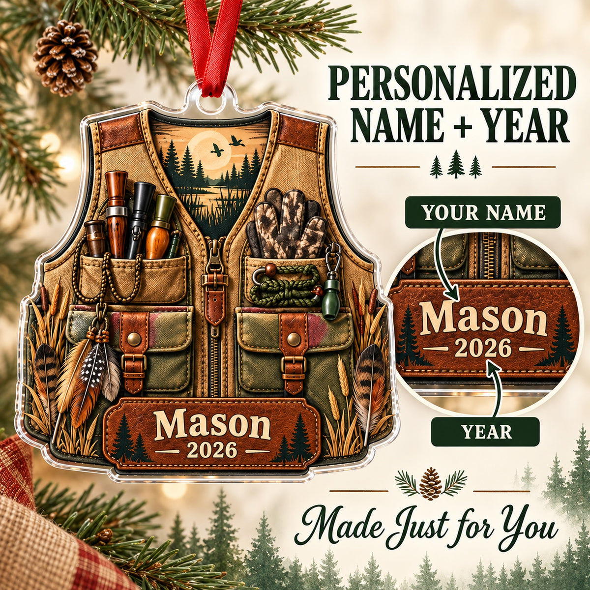 Personalized Turkey Hunter Vest Acrylic Ornament — Personalization guide