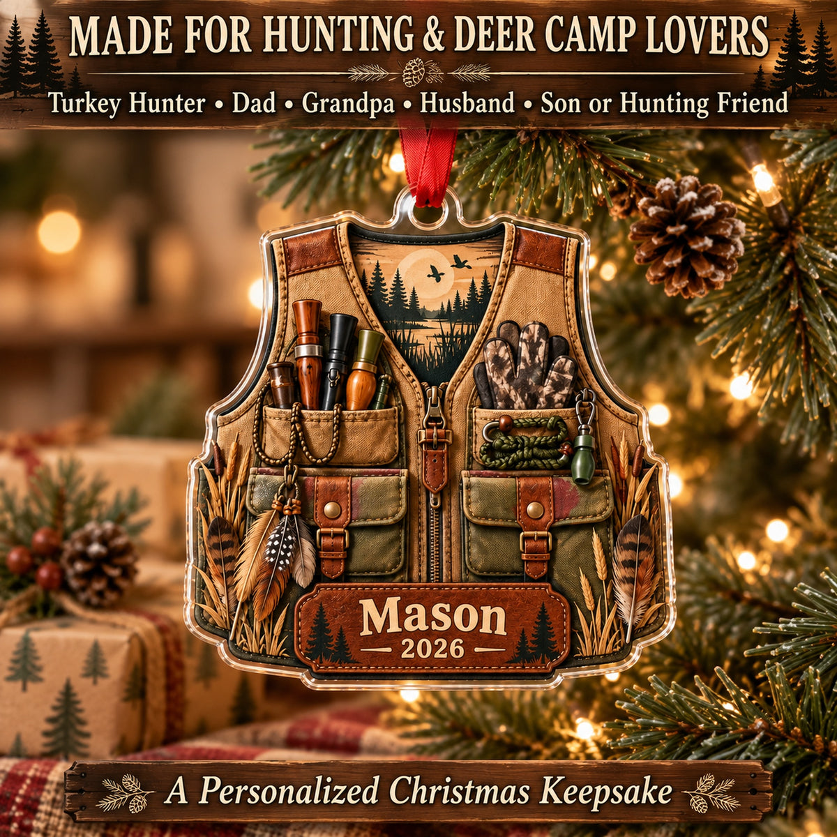 Personalized Turkey Hunter Vest Acrylic Ornament — Size guide