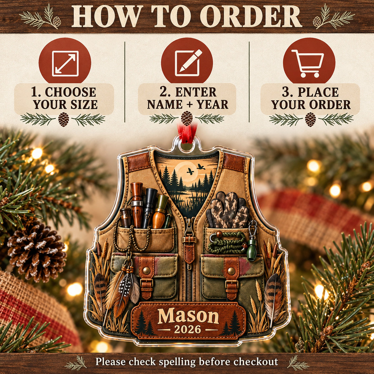 Personalized Turkey Hunter Vest Acrylic Ornament — Product details