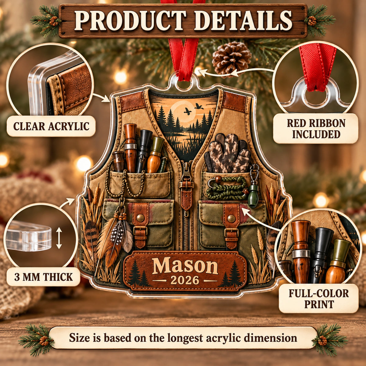 Personalized Turkey Hunter Vest Acrylic Ornament — How to order