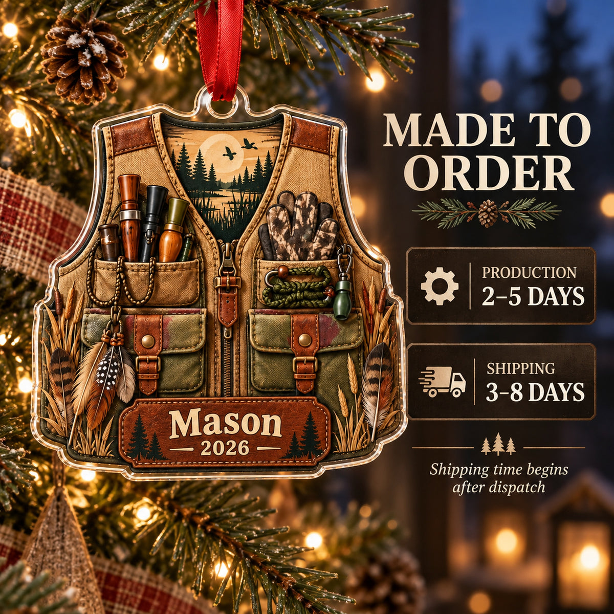 Personalized Turkey Hunter Vest Acrylic Ornament — Production and delivery
