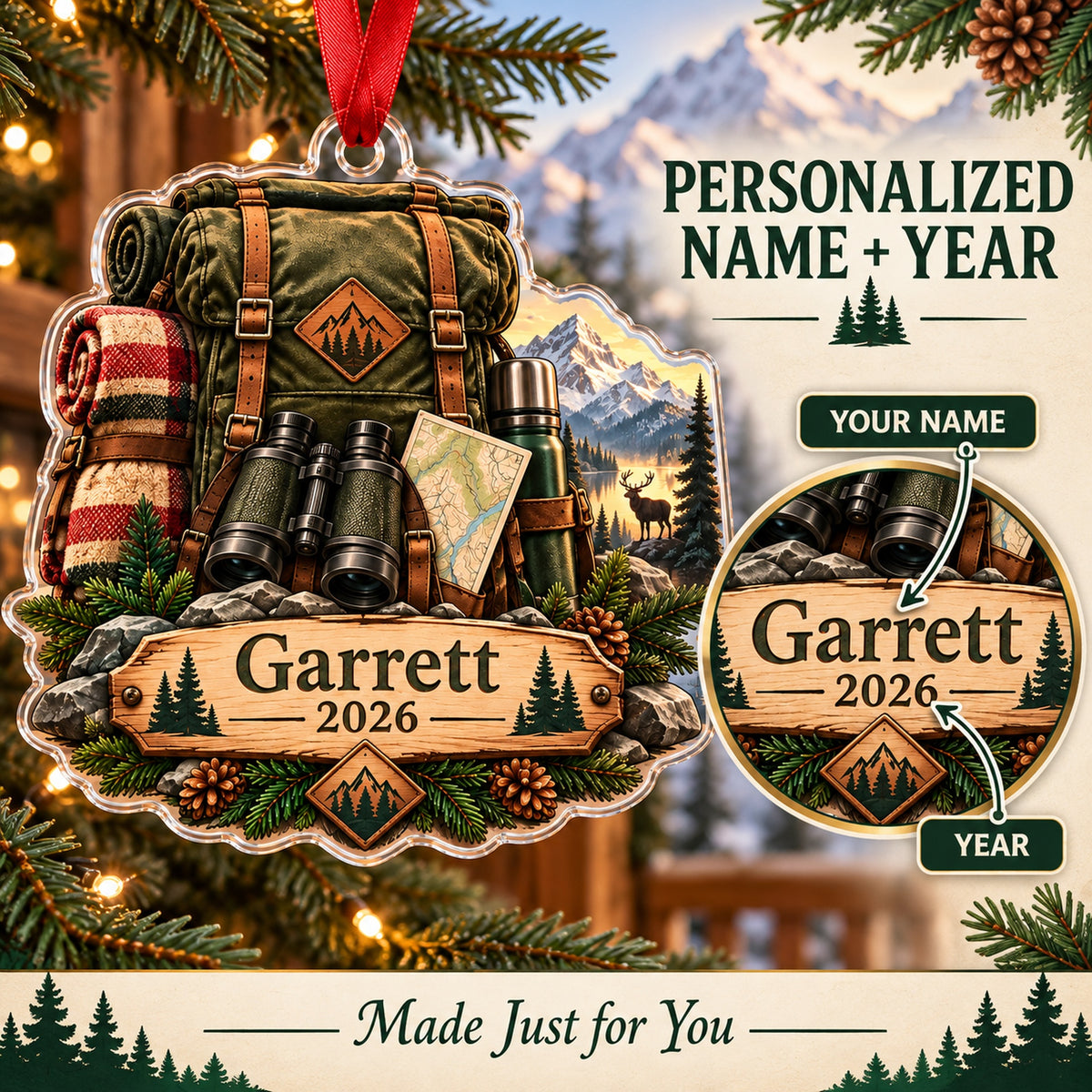 Personalized Elk Camp Expedition Pack Acrylic Ornament — Personalization guide