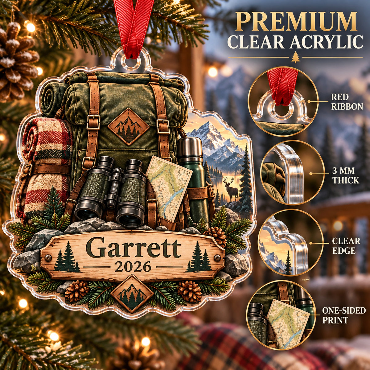 Personalized Elk Camp Expedition Pack Acrylic Ornament — Flat acrylic material