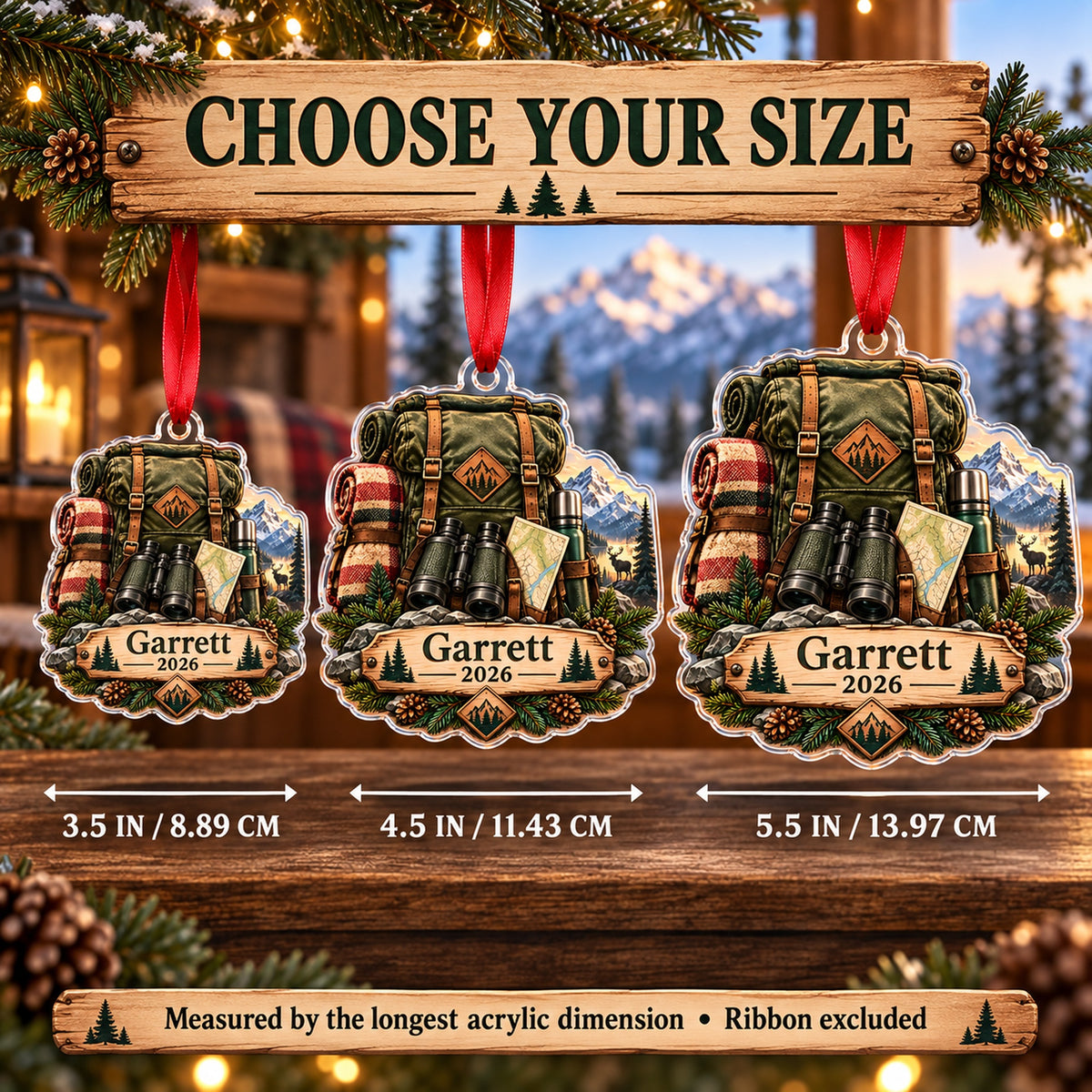 Personalized Elk Camp Expedition Pack Acrylic Ornament — Personalization example