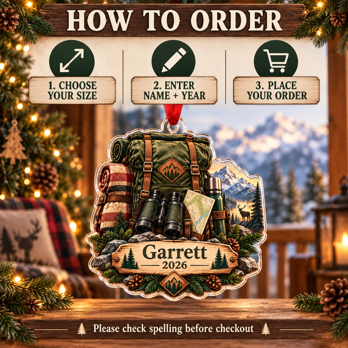 Personalized Elk Camp Expedition Pack Acrylic Ornament — Product details