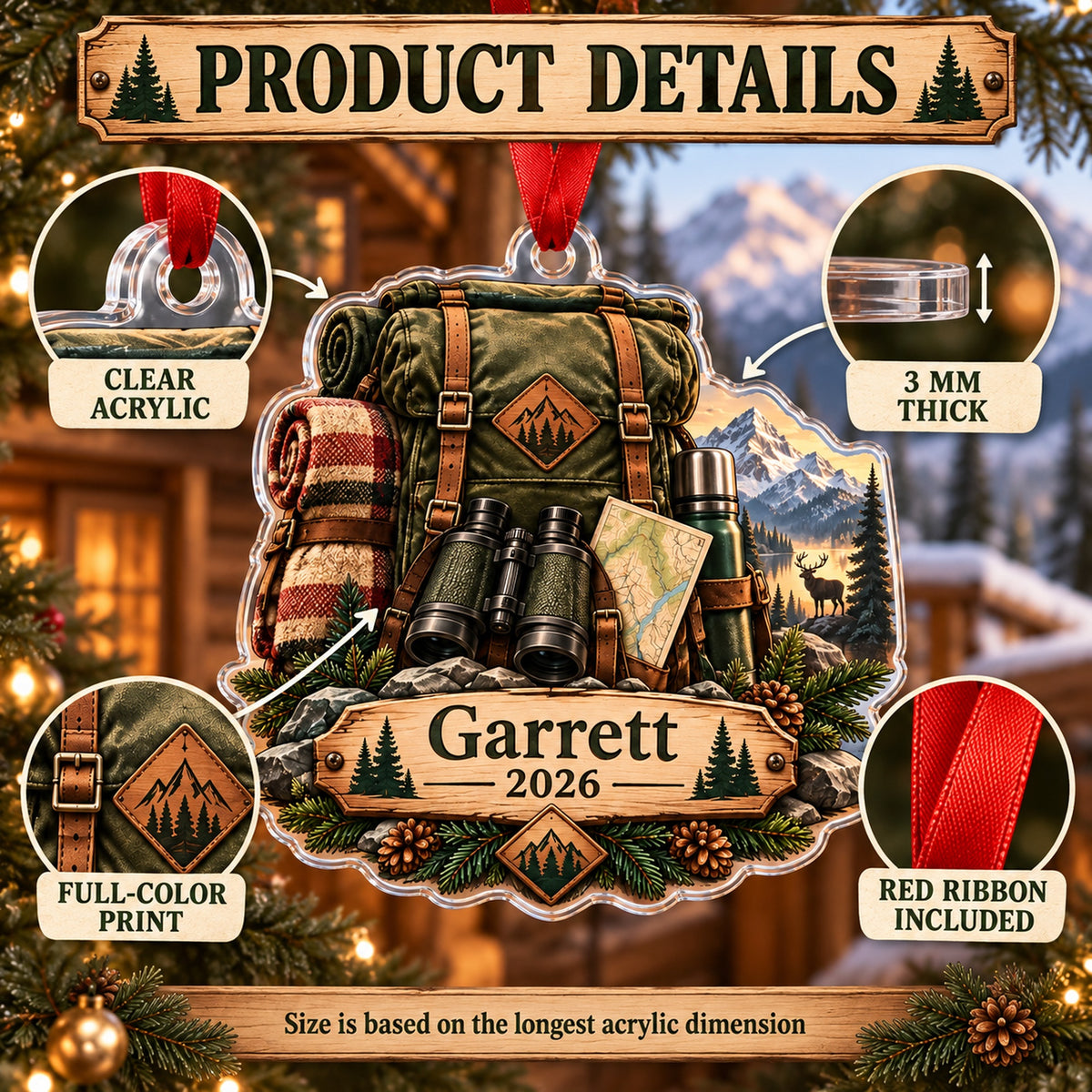 Personalized Elk Camp Expedition Pack Acrylic Ornament — How to order