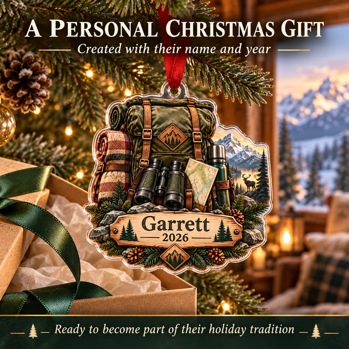 Personalized Elk Camp Expedition Pack Acrylic Ornament — Gift inspiration