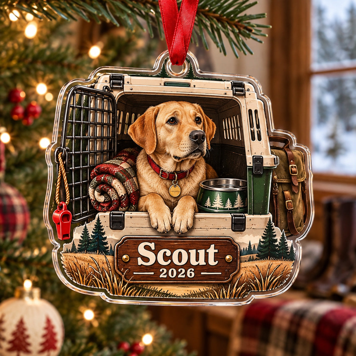 Personalized Hunting Dog Field Crate Acrylic Ornament — Main design