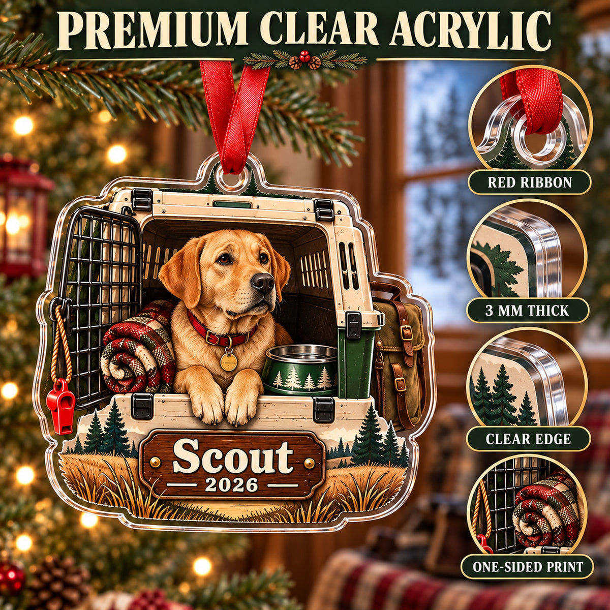 Personalized Hunting Dog Field Crate Acrylic Ornament — Flat acrylic material