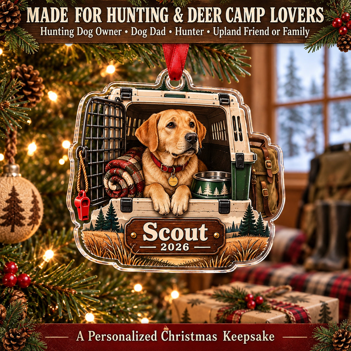 Personalized Hunting Dog Field Crate Acrylic Ornament — Size guide