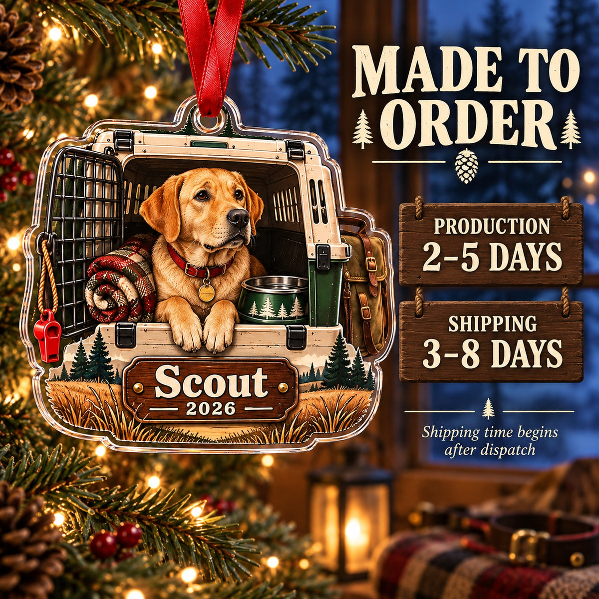 Personalized Hunting Dog Field Crate Acrylic Ornament — Production and delivery