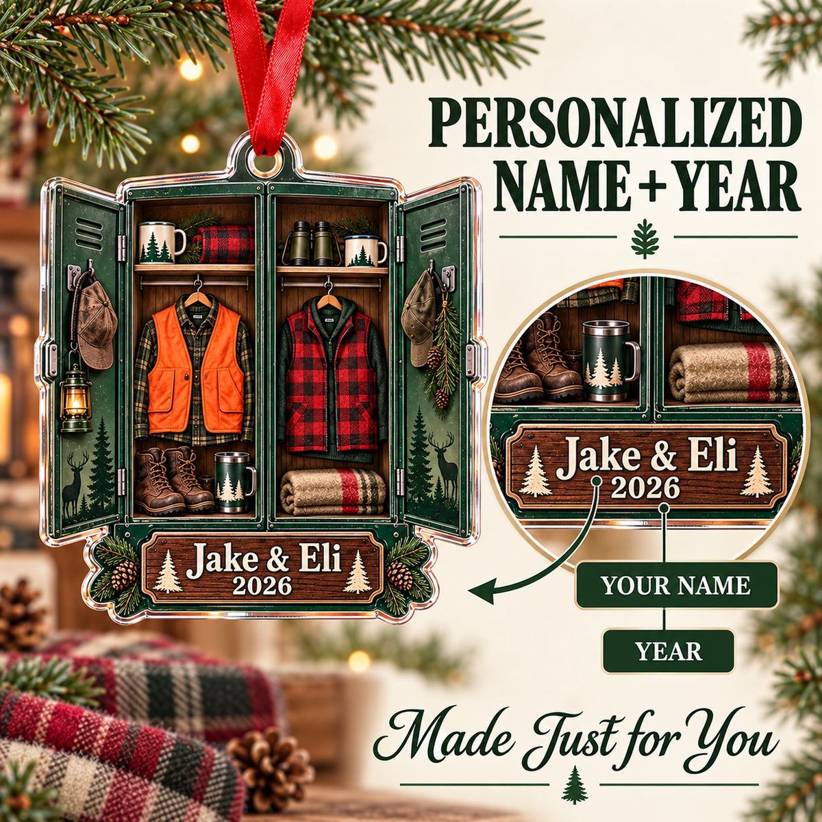 Personalized Father and Son Deer Camp Locker Acrylic Ornament — Personalization guide