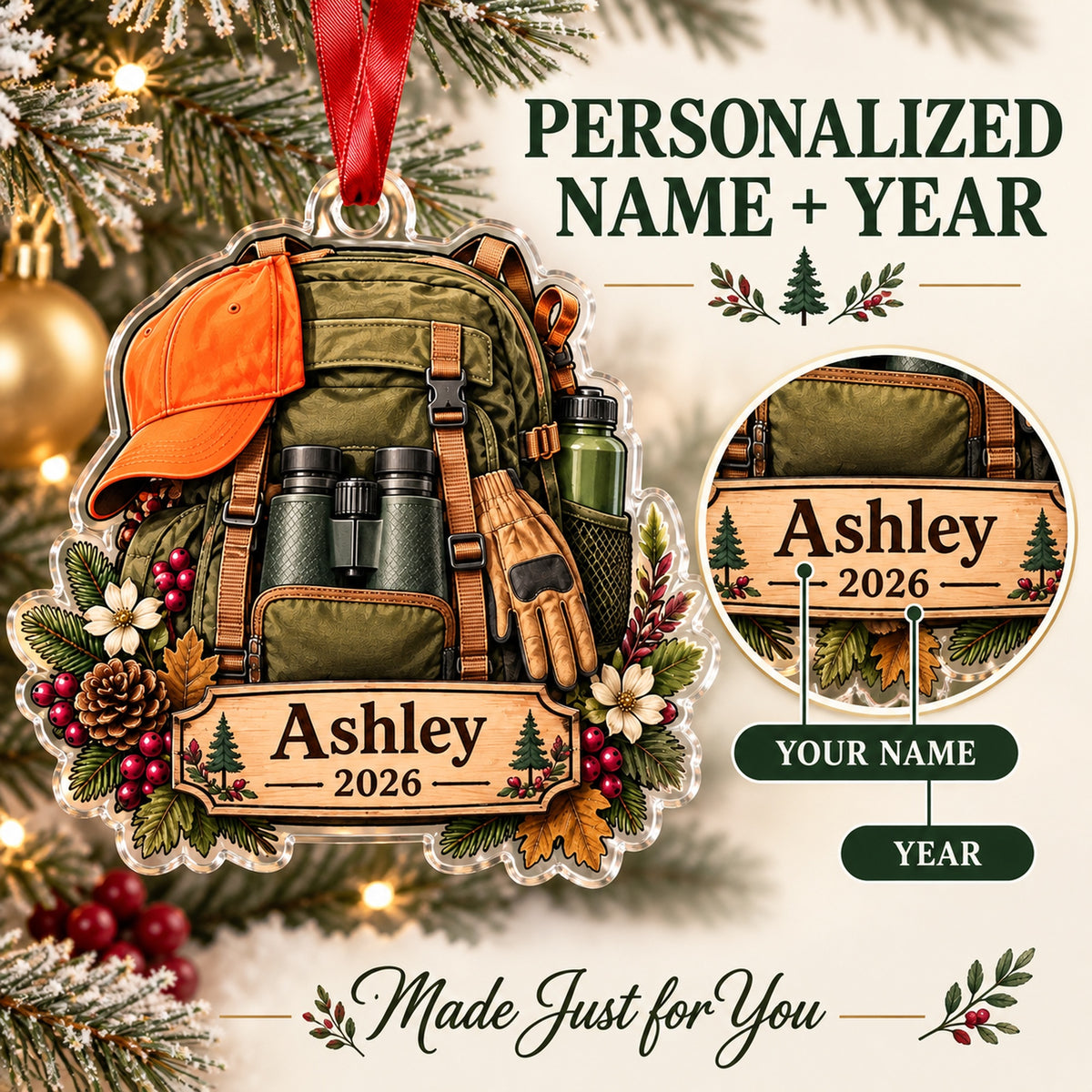 Personalized Woman Hunter Backpack Acrylic Ornament — Personalization guide