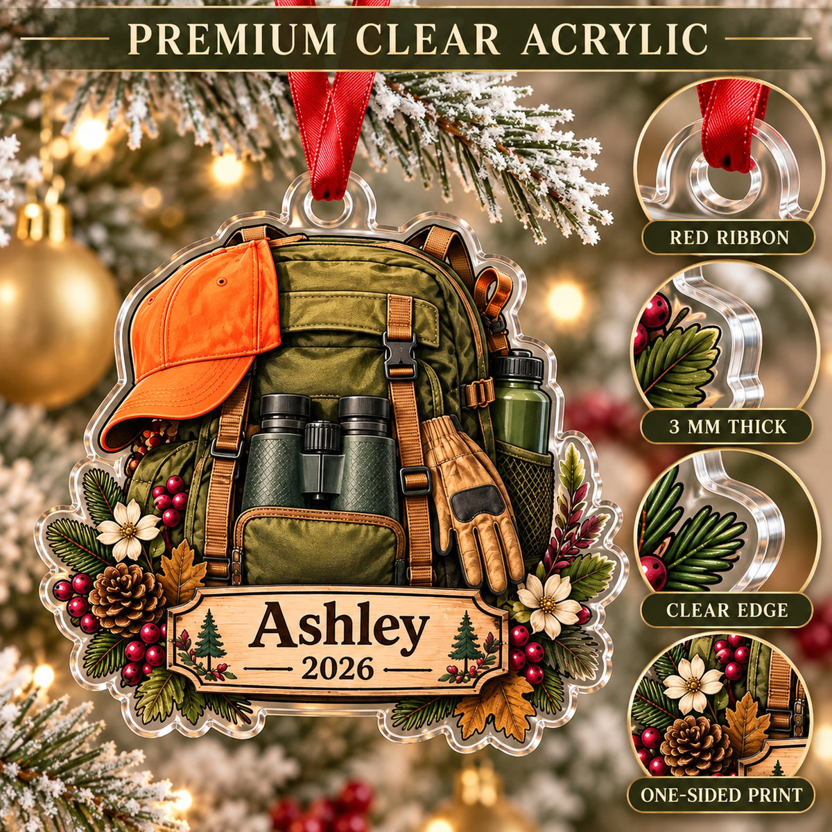 Personalized Woman Hunter Backpack Acrylic Ornament — Flat acrylic material