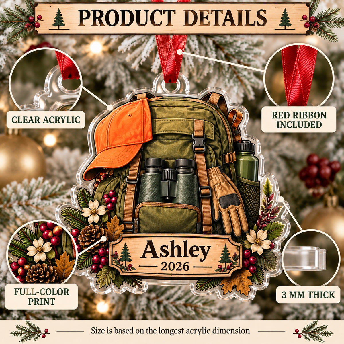 Personalized Woman Hunter Backpack Acrylic Ornament — How to order