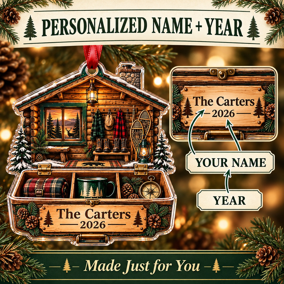 Personalized Vintage Deer Camp Cabin Acrylic Ornament — Personalization guide