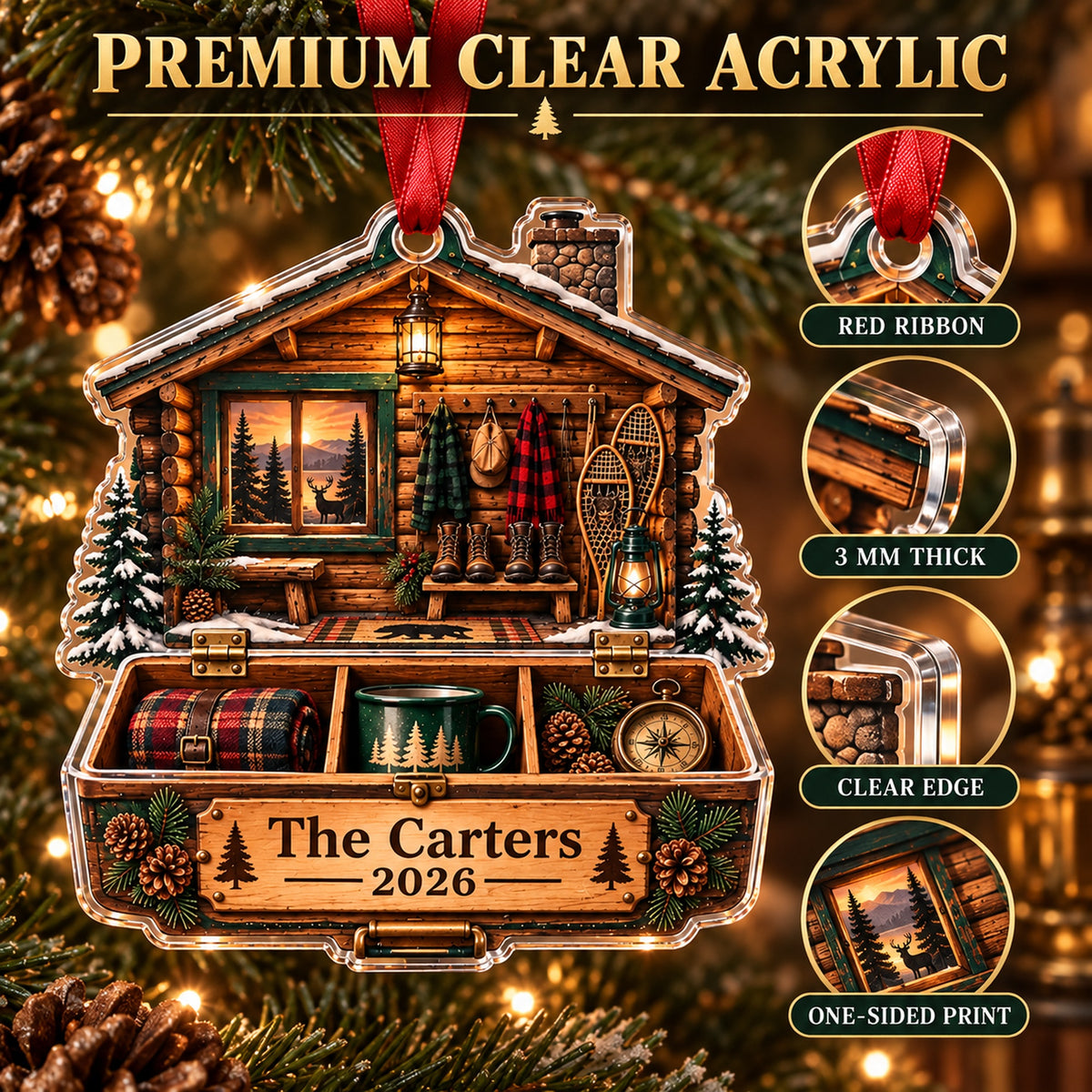 Personalized Vintage Deer Camp Cabin Acrylic Ornament — Flat acrylic material