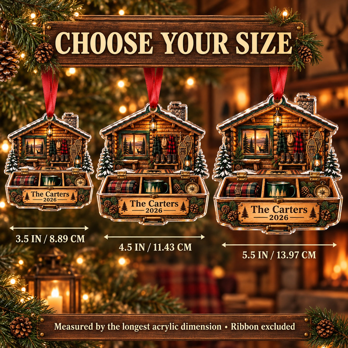 Personalized Vintage Deer Camp Cabin Acrylic Ornament — Personalization example