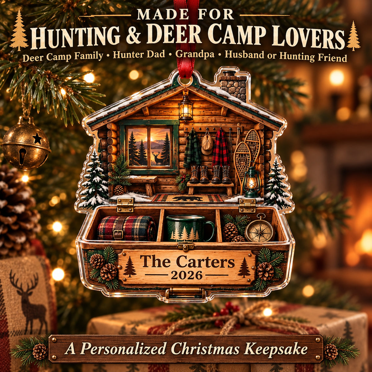 Personalized Vintage Deer Camp Cabin Acrylic Ornament — Size guide