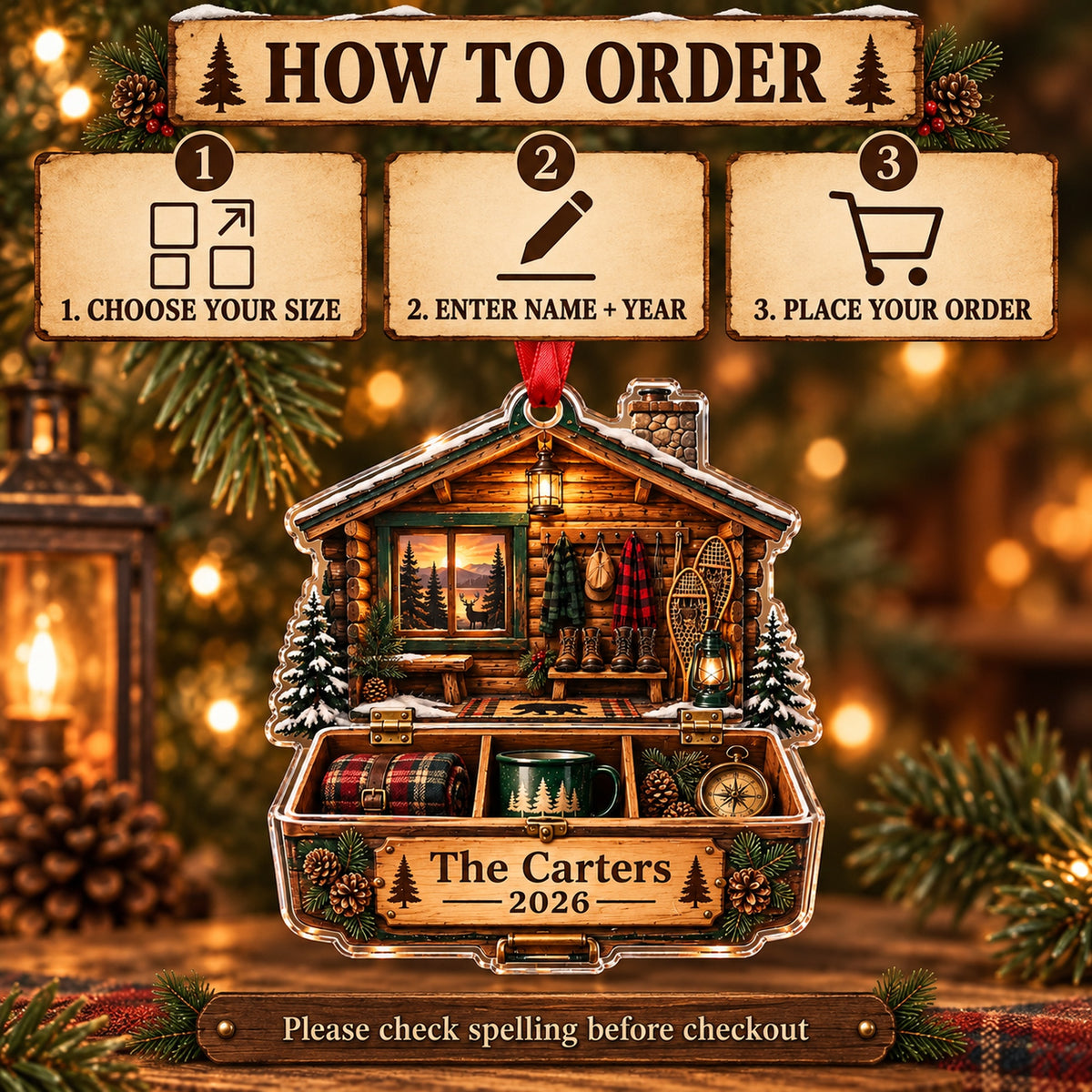 Personalized Vintage Deer Camp Cabin Acrylic Ornament — Product details