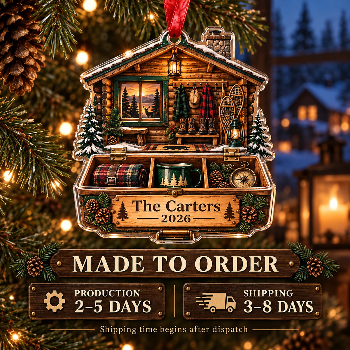 Personalized Vintage Deer Camp Cabin Acrylic Ornament — Production and delivery
