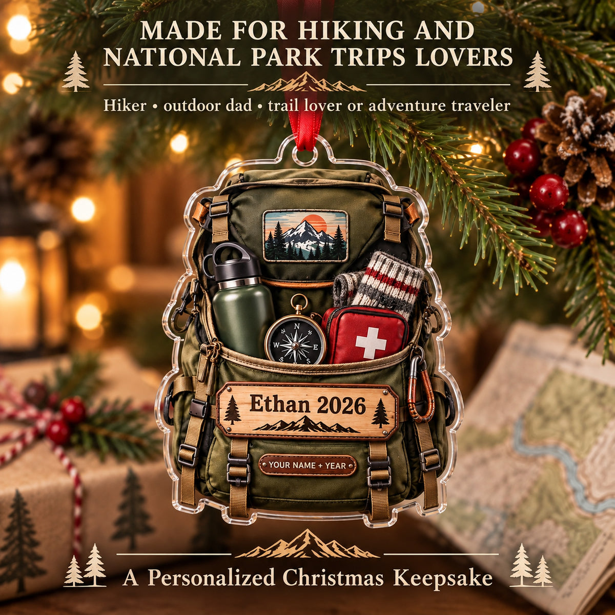 Personalized Hiking Backpack Gear Burst Acrylic Ornament — Size guide