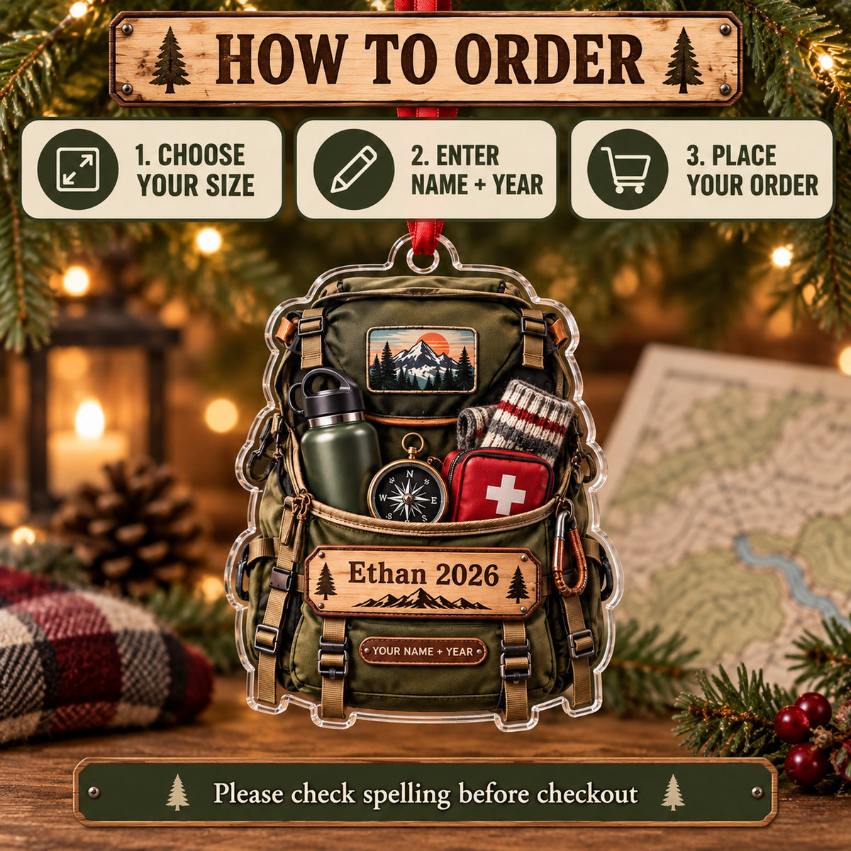 Personalized Hiking Backpack Gear Burst Acrylic Ornament — Product details