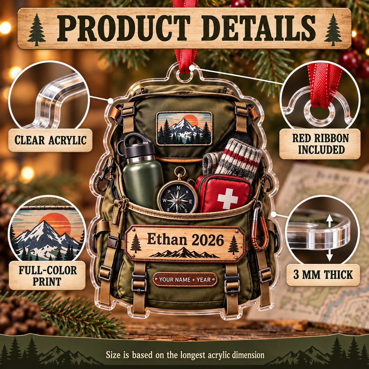 Personalized Hiking Backpack Gear Burst Acrylic Ornament — How to order