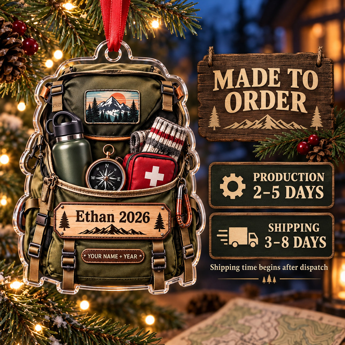 Personalized Hiking Backpack Gear Burst Acrylic Ornament — Production and delivery