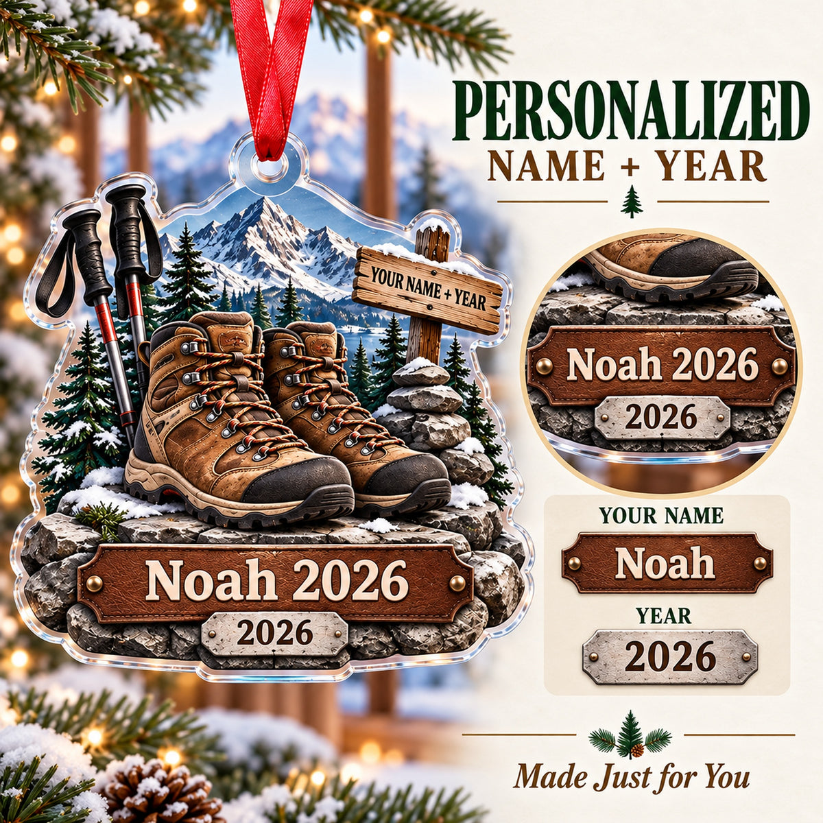 Personalized Summit Boots and Poles Acrylic Ornament — Personalization guide