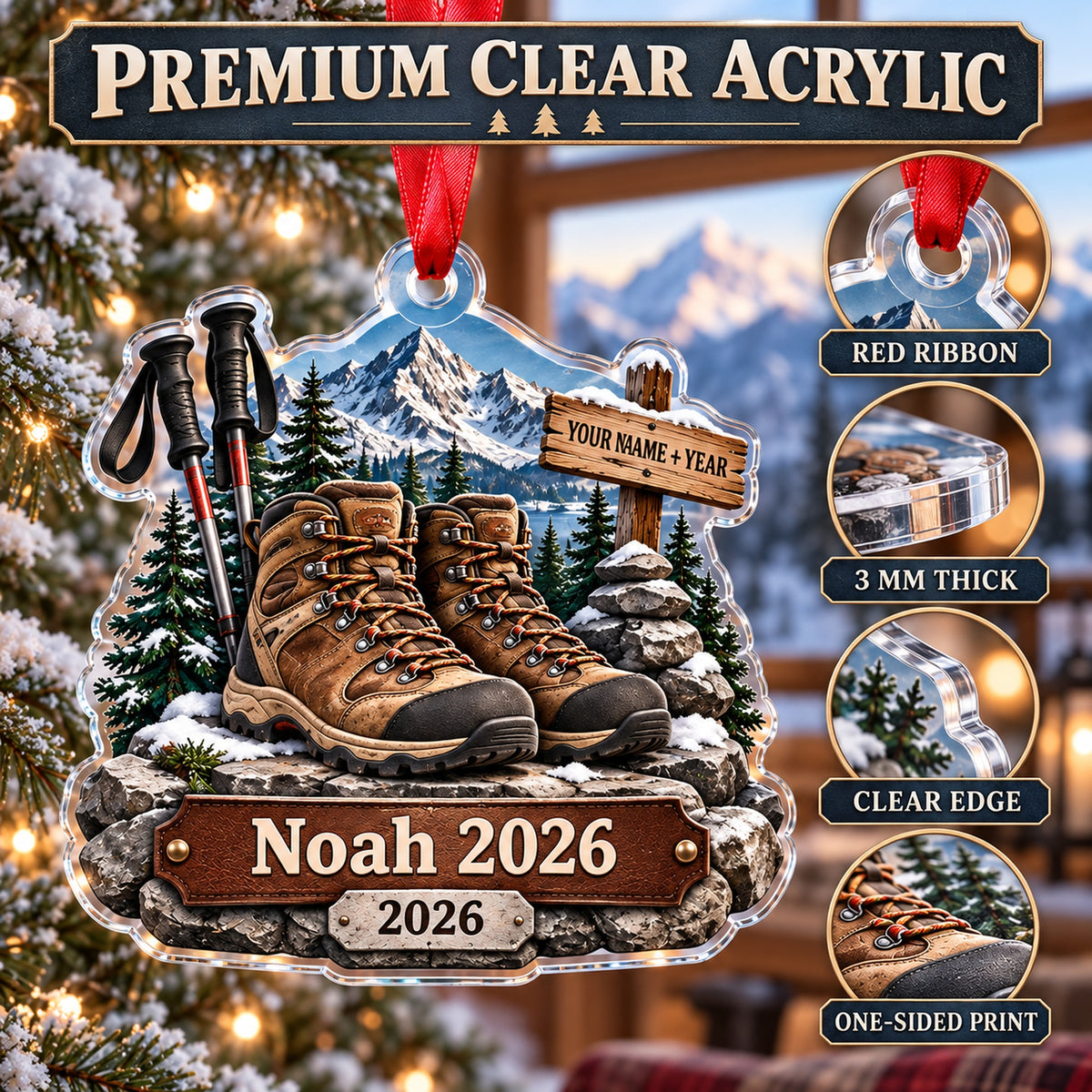 Personalized Summit Boots and Poles Acrylic Ornament — Flat acrylic material