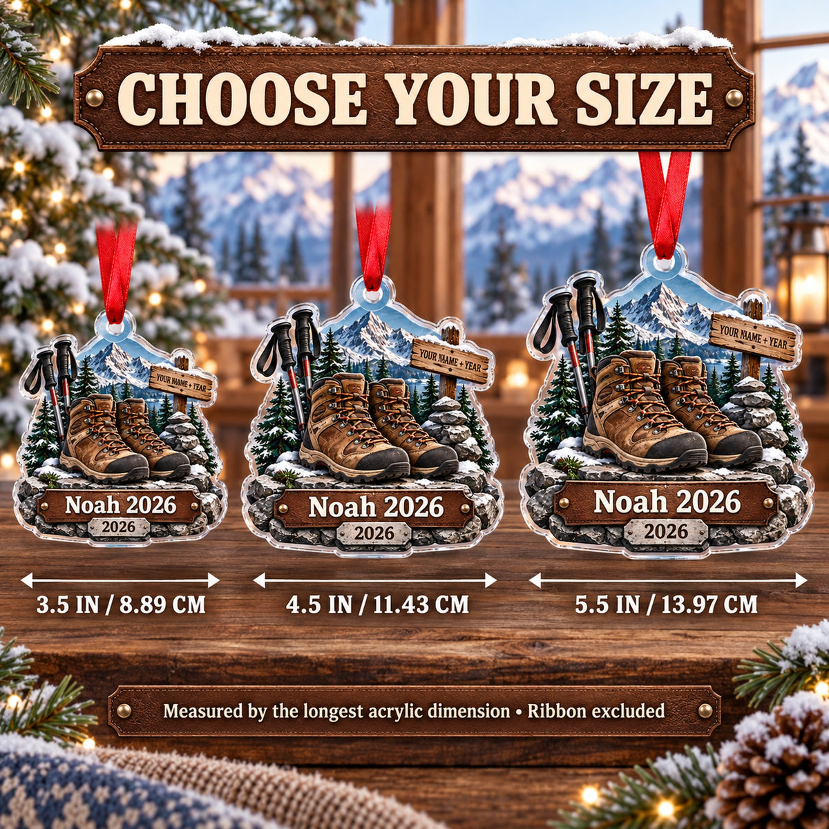 Personalized Summit Boots and Poles Acrylic Ornament — Personalization example