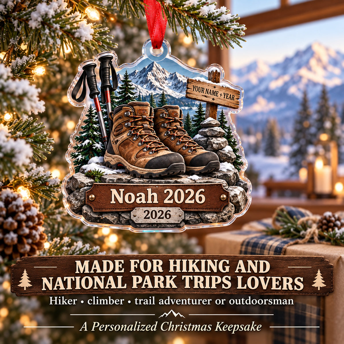 Personalized Summit Boots and Poles Acrylic Ornament — Size guide