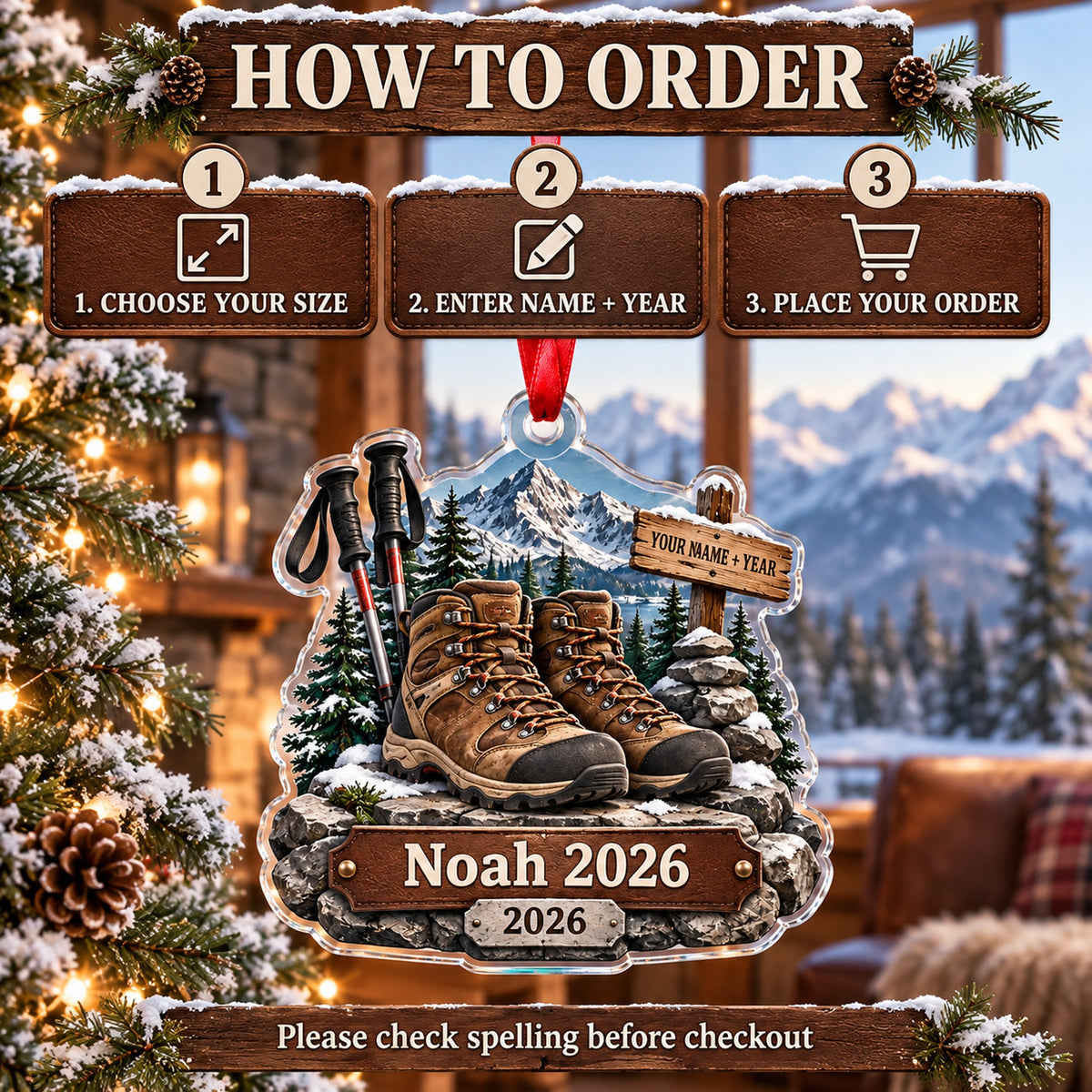 Personalized Summit Boots and Poles Acrylic Ornament — Product details